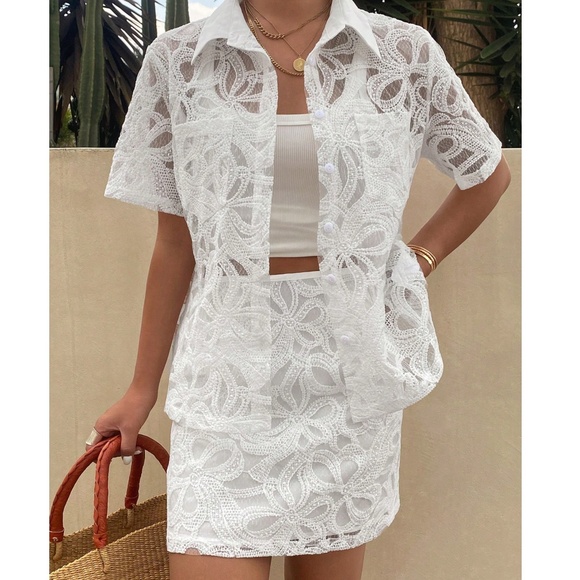 Boho White Floral lace Button down Shirt Mini Skirt Set - Picture 5 of 5